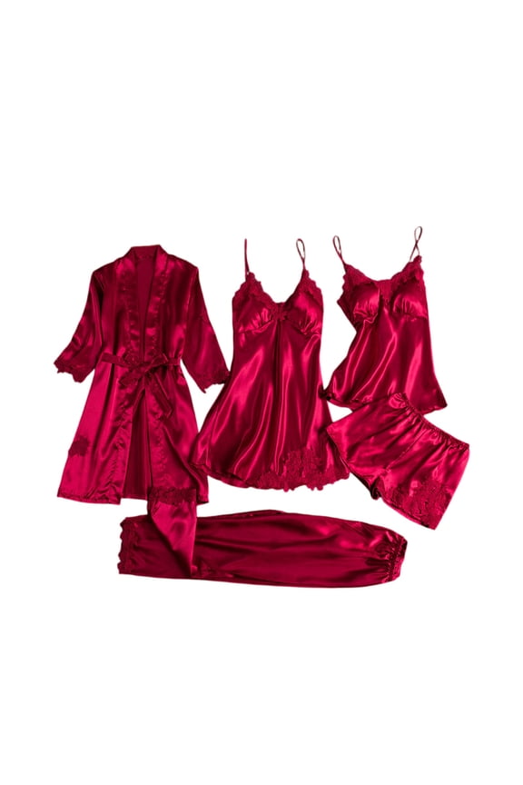 Women's Ice Silk Sexy Long Sleeve Thin Plus Size 5-Piece Pajama Set With Robe Wine Red Size XXXXL