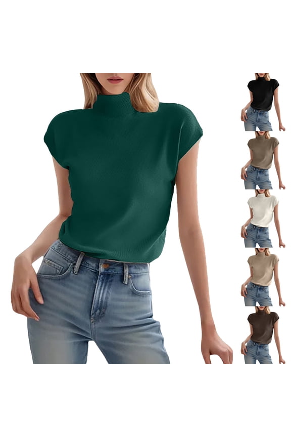 Women's Ice Silk Short Sleeve Pullover Turtle Neck Spring Summer Knit Top