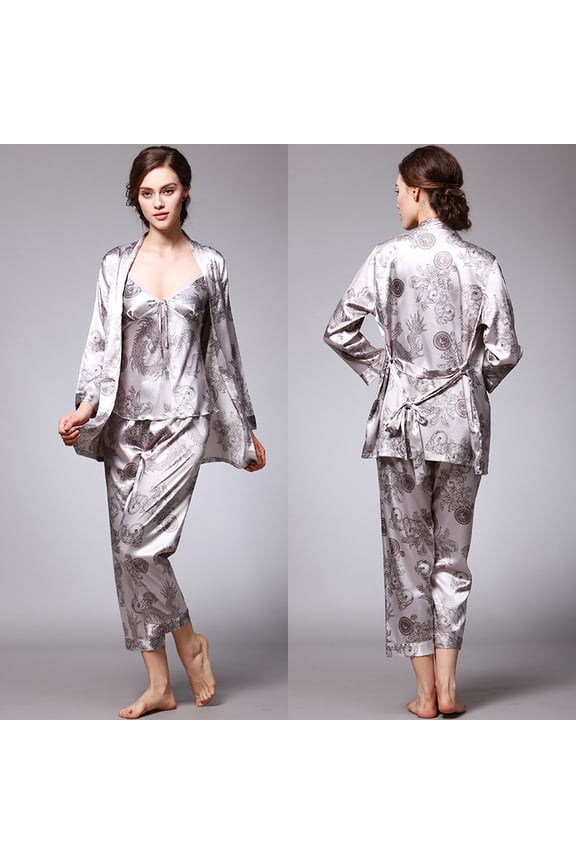 Women's Ice Silk Silk Pajamas Three-Piece Spring and Summer Dragon Robe Printed Homewear Suit High-Grade Comfortable Pajamas