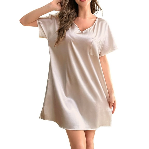 Women's Ice Silk Sleepwear Long Nightgown Comfortable Loose Fit Summer Pajama Dress for Home