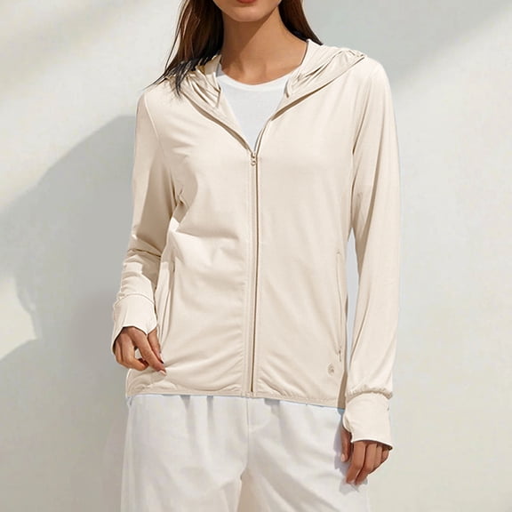 Women's Ice Silk Sun Protection Jacket, UPF 50+ Hooded Sun Shirt with Thumb Holes, Lightweight Breathable Cycling Jacket, UV Protection Rash Guard, Summer Athletic Cover Up Beige L