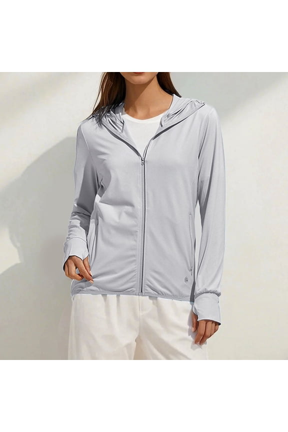 Women's Ice Silk Sun Protection Jacket, UPF 50+ Hooded Sun Shirt with Thumb Holes, Lightweight Breathable Cycling Jacket, UV Protection Rash Guard, Summer Athletic Cover Up Grey XXL
