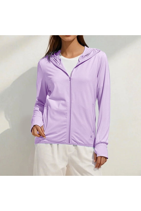 Women's Ice Silk Sun Protective Jacket, UPF 50+ Lightweight Hooded Jacket, Breathable Sun Shirt with Thumb Holes, UV Protection Cycling Jacket, Summer Rash Guard, Outdoor Athletic Top Purple XXL