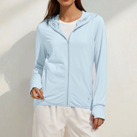 Women's Ice Silk Sun Protective Jacket, UPF 50+ Lightweight Hooded Jacket, Breathable Sun Shirt with Thumb Holes, UV Protection Cycling Jacket, Summer Rash Guard, Outdoor Athletic Top Light Blue M