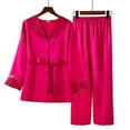 thumbnail image 1 of Women's Ice Silk Two Piece Set Casual Solid Color V Neck Lace Long Sleeve Tops long Pants Set Satin Pajama Set Hot Pink XL, 1 of 3
