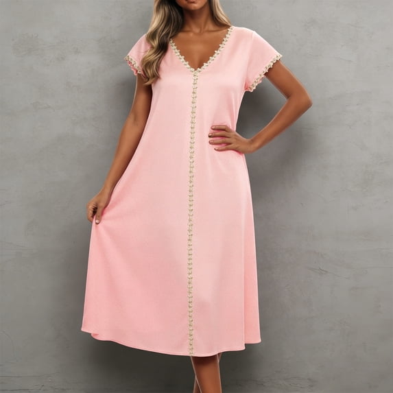 Women's Ice Silk V Neck Nightgown Short Sleeve Cooling Sleep Dress Lightweight Breathable Summer Lounge Nightshirt Elegant Soft Casual Homewear Sleepwear for Women