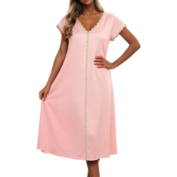 Women's Ice Silk V Neck Nightgown Short Sleeve Cooling Sleep Dress Lightweight Breathable Summer Lounge Nightshirt Elegant Soft Casual Homewear Sleepwear for Women