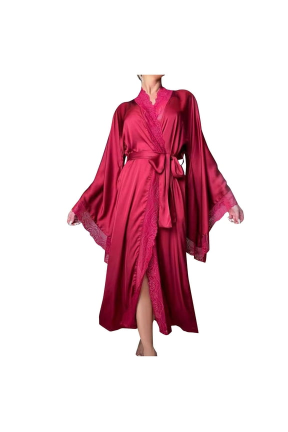 Women's Ice Silky Robe With Trim Silky Kimono Feather Trim Long Bathrobe With Tie