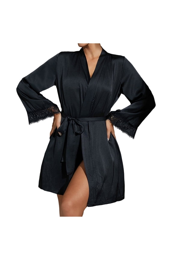 Women's Ice Silky Robe With Trim Silky Kimono Feather Trim Long Bathrobe With Tie