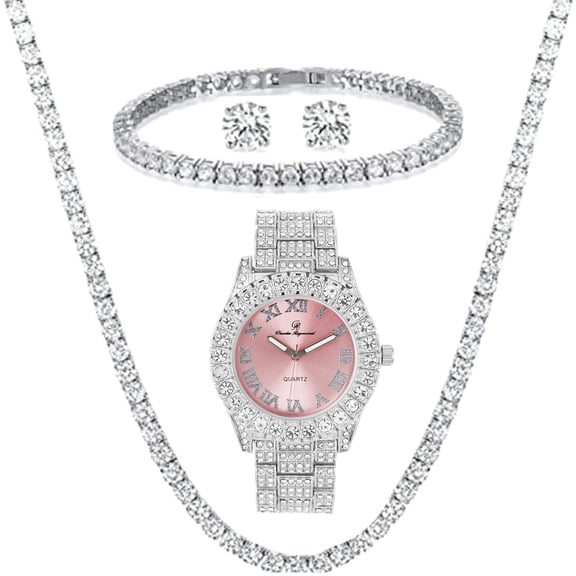 Women's Iced out Watches with Diamond Stud Earrings and Flawless blinged out Cross Tennis Necklace & Bracelet -(18", ST10327LA SLV PINK 4pcs)