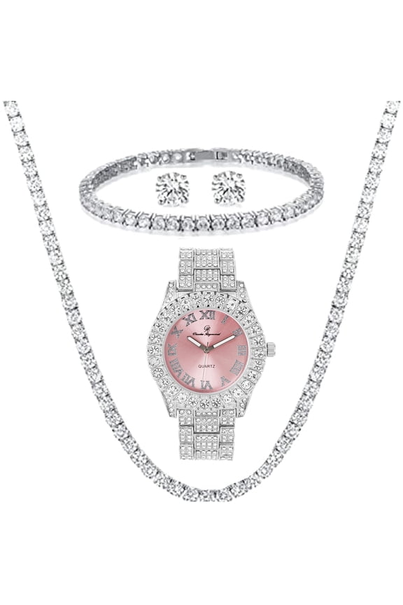 Women's Iced out Watches with Diamond Stud Earrings and Flawless blinged out Cross Tennis Necklace & Bracelet -(24", ST10327LA SLV PINK 4pcs)