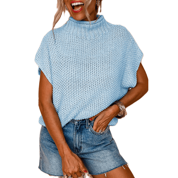 Women's Iceland Blue High Neck Bat Wing Sleeveless Knitted Sweater