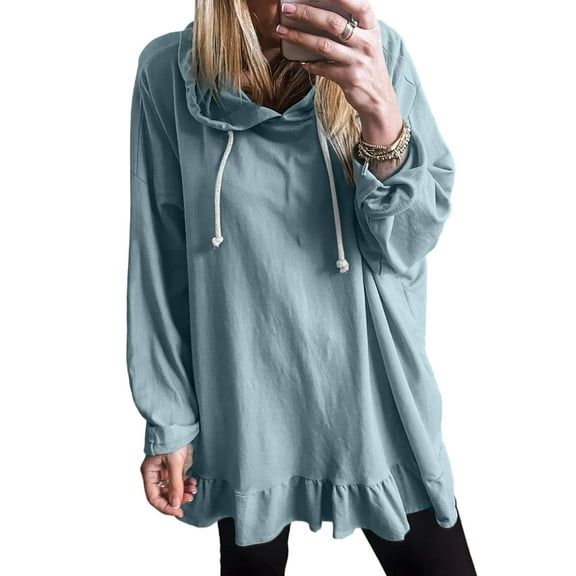Women's Iceland Blue Ruffled Hem Loose Fit Tunic Hoodie | [ZhiHiMeRi] | (US 16-18)XL
