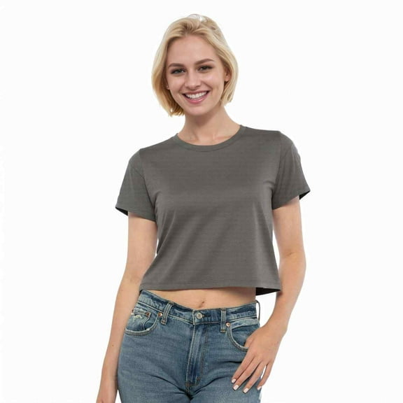 Women's Ideal Crop Top Round Neck Short Sleeve T-Shirt, Dark Grey, Small