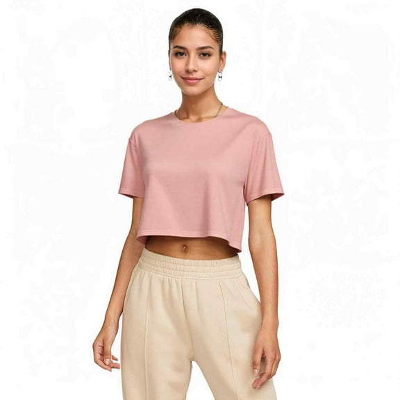 Women's Ideal Crop Top Round Neck Short Sleeve T-Shirt, Desert Pink, Medium