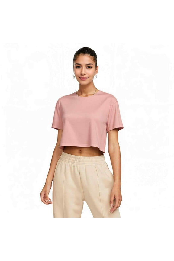 Women's Ideal Crop Top Round Neck Short Sleeve T-Shirt, Desert Pink, Medium