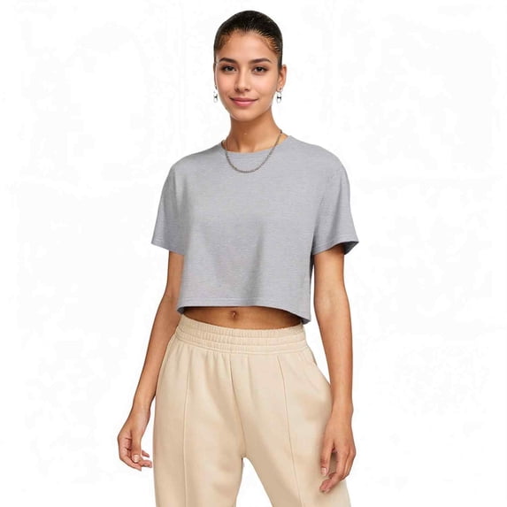 Women's Ideal Crop Top Round Neck Short Sleeve T-Shirt, Heather Grey, X-small