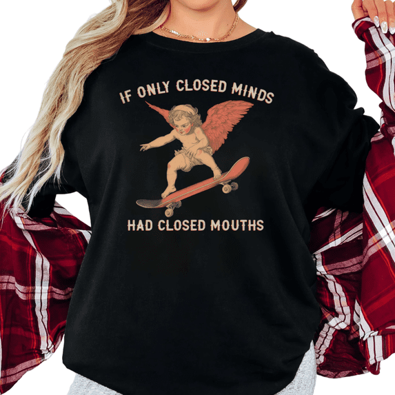Women's "If Only Closed Minds Had Closed Mouths" Skateboarding Cherub Graphic T Shirt Retro Short Sleeve Round Neck Top Black S-5XL