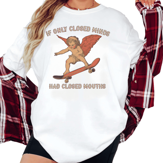 Women's "If Only Closed Minds Had Closed Mouths" Skateboarding Cherub Graphic T Shirt Retro Short Sleeve Round Neck Top White S-5XL