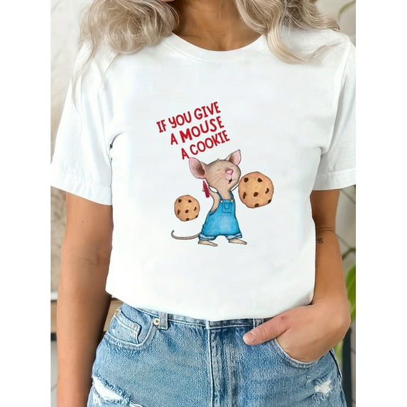 Women's "If You Give a Mouse a Cookie" Graphic Tee - Soft, Breathable Short Sleeve, Casual Summer Style with Fun Mouse & Design, Casual Wear | Whimsical Design | Comfortable Fit