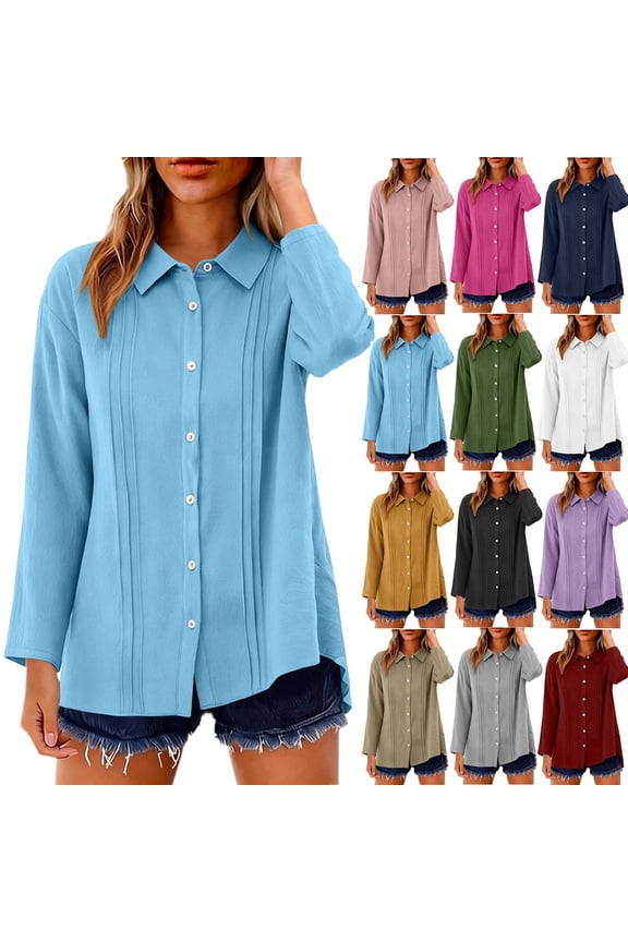 Women's Ihhxva Linen Lapel Long Sleeve Button Detail Solid Color Stretchable Relaxed Fit Vertical Ruching Tunic Top Summer Casual Loose S-2XL