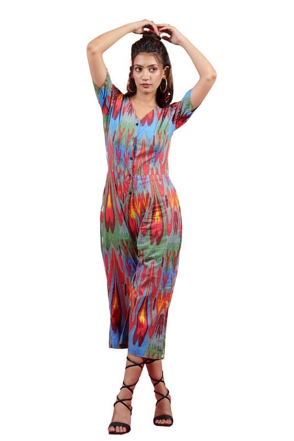 Women's Ikat Print Button-Down Jumpsuit - Multicolor V-Neck