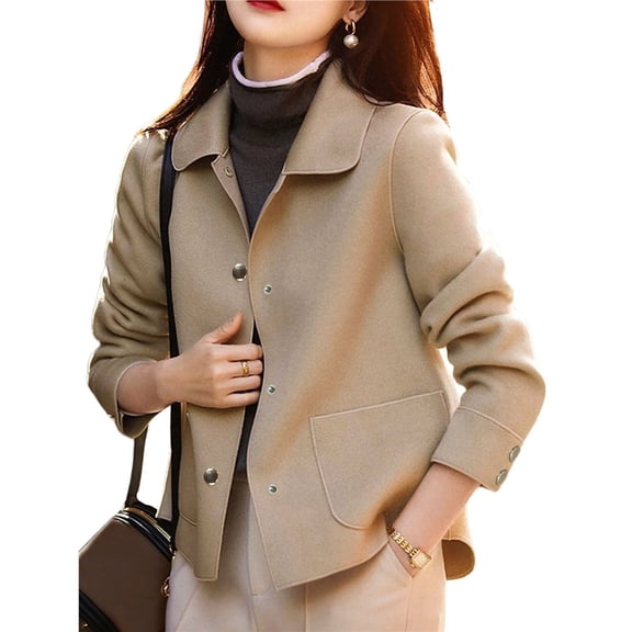 Women's Imitate Wool & Pea Coats Lapel Single Breasted Short Imitate Wool Coat Khaki S