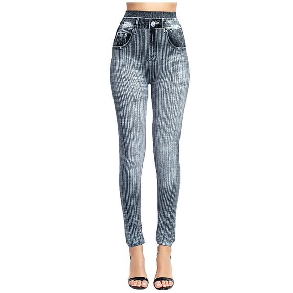 Women's Imitation Denim Leggings,Jean Look Leggings Jeggings for Women High Waist Tummy Control with Pockets, Denim Print Fake Jean