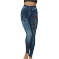 thumbnail image 1 of Women's Imitation Denim Printed Leggings Capris High Waisted Elastic Pencil Pants Red L, 1 of 7