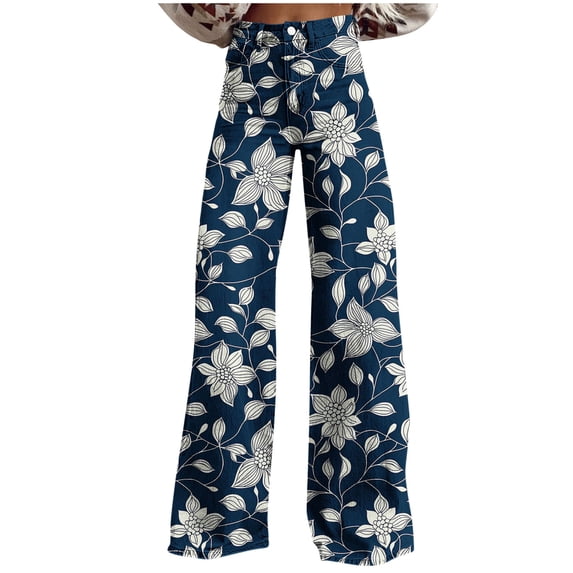 Women's Imitation Denim Wide Leg Pants Plus Size Floral Print Button Closure Pocket Zipper Casual Pants for Daily Wear (L, Blue)