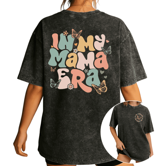 Women's In My Mama Era Retro Groove Butterfly Flower Graphic Short Sleeve Washed Tee Black S-2XL Plus Size