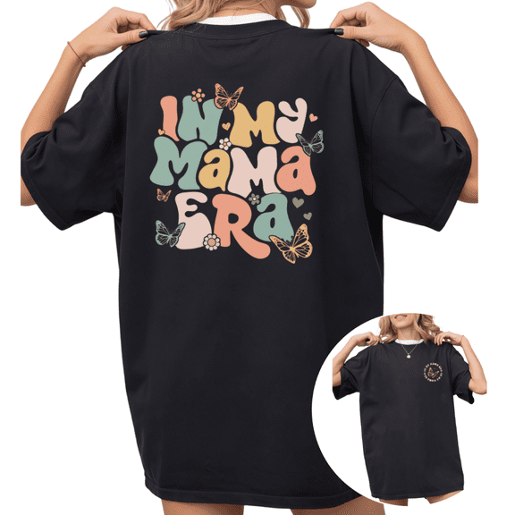 Women's In My Mama Era Retro Groovy Butterfly Back Print Aesthetic Graphic T Shirt Short Sleeve Round Neck Top Black S-5XL