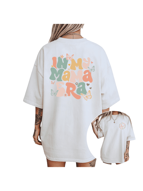 Women's In My Mama Era Retro Groovy Butterfly Back Print Aesthetic Graphic T Shirt Short Sleeve Round Neck Top White S-5XL