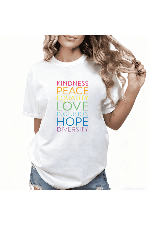 Women's Inclusion Equality Slogan Rainbow Printed Cotton Crew Neck T Shirt White S-5XL