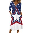 thumbnail image 1 of Women's Independence Day 250 Years Anniversary Floral and Flag Print Dress 3/4 Sleeve Button Neck Midi Dress Loose Fit Casual Patriotic Summer USA Flag Dress for Daily Wear Dark Blue L, 1 of 4