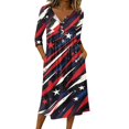thumbnail image 1 of Women's Independence Day 250 Years Anniversary Patriotic Dress 3/4 Sleeve Button Neck Printed Dress Star Pattern Loose Fit Casual Summer USA Flag Artistic Design for Daily Wear Events Dark Blue L, 1 of 4