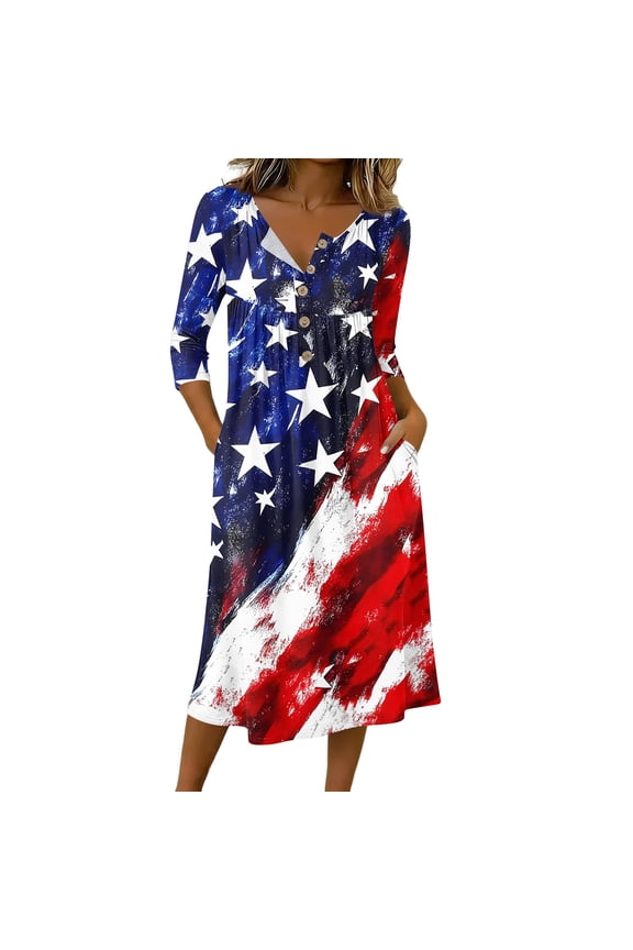 Women's Independence Day 250 Years Anniversary Patriotic Dress 3/4 Sleeve Button Neck Printed Midi Dress Loose Fit Soft Fabric Casual Comfortable Everyday Wear USA Flag Summer Dress Red M