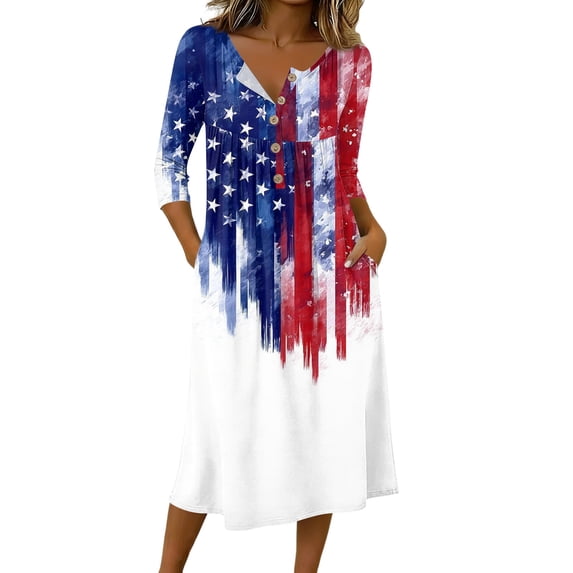 Women's Independence Day 250 Years Anniversary Patriotic Dress 3/4 Sleeve Button Neck Printed Midi Dress Loose Fit Soft Fabric Casual Comfortable Everyday Wear USA Flag Summer Dress White M