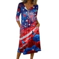 thumbnail image 1 of Women's Independence Day 250 Years Anniversary Patriotic Dress 3/4 Sleeve Button Neck Printed Midi Dress Loose Fit Soft Fabric Casual Comfortable Everyday Wear USA Flag Summer Dress Dark Blue L, 1 of 4