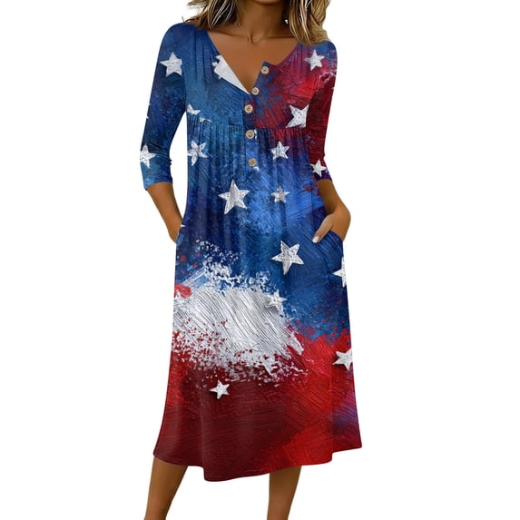 Women's Independence Day 250 Years Anniversary Patriotic Dress 3/4 Sleeve Button Neck PrintedDress Star Pattern Loose Fit Casual Summer USA Flag Artistic Design for Daily Wear Events Sky Blue XXL