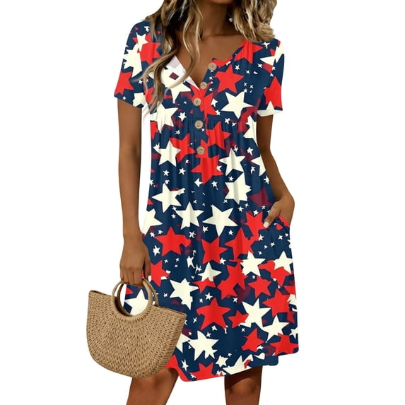 Women's Independence Day 250 Years Anniversary Patriotic Dress Short Sleeve Button Neck Printed Star Pattern Round Neckline Casual Comfortable Daily Wear USA Flag Summer Dress 4th of July Navy XL