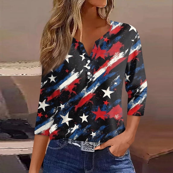 Women's Independence Day 3/4 Sleeve Sweaters, Flag Printed Button Neck Blouses for Women, Spring Oversized Light Fit Tops