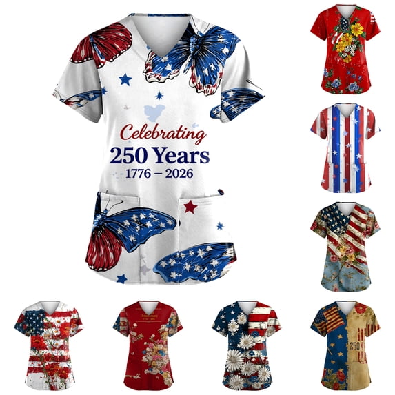 Women's Independence Day Flag Scrub Top V-Neck with Pockets Medical Uniform Sky Blue 4XL