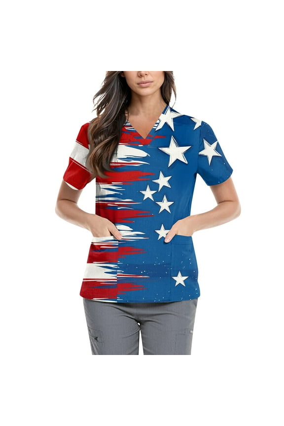 Women's Independence Day Nursing Uniform Scrub Going Out Tops Double Layer Pockets Short Sleeve Pullover Soft Cotton Blend Everyday Lightweight Comfortable Blue 3Xl