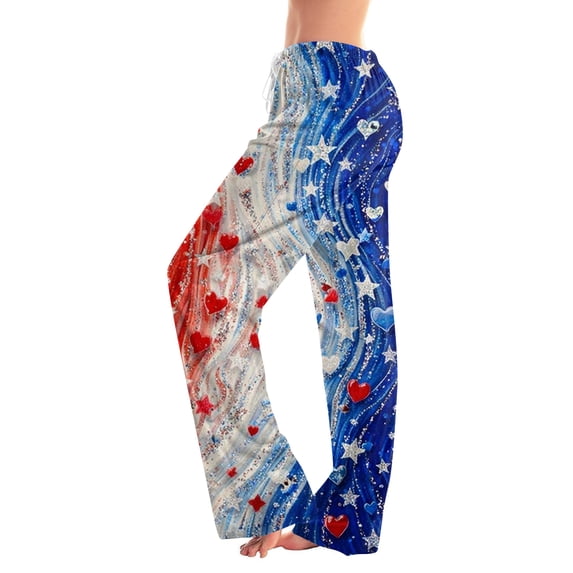 Women's Independence Day Pants 1776-2026 USA Flag Print Elastic High Waist Lounge Pants Wide Leg Regular Fit Home Wear Comfy Pants, #01 Sky Blue, S