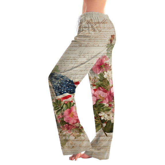 Women's Independence Day Pants United States USA Flag Print Elastic High Waist Pants Wide Leg Classic Fit Comfy Daily Wear Pajama Bottoms, #01 Coffee, XL