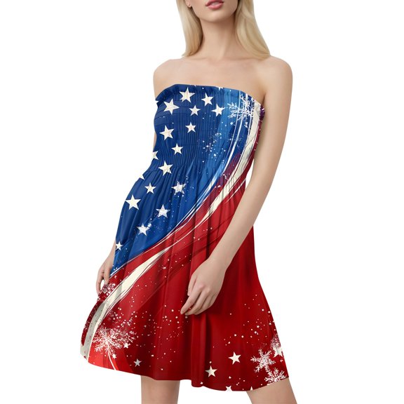 Women's Independence Day Print Bandeau Dress, Sleeveless Casual Summer Tank Dress with Side Slits, Ideal for Beach Vacations and Patriotic Gatherings,Vermilion S