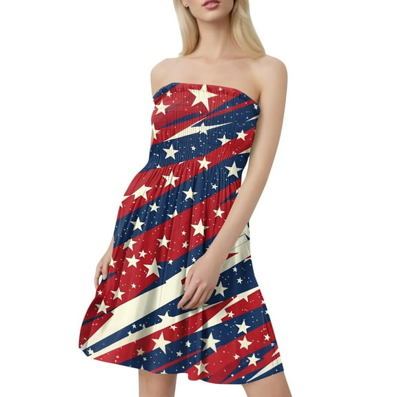 Women's Independence Day Print Bandeau Dress, Sleeveless Casual Summer Tank Dress with Side Slits, Ideal for Beach Vacations and Patriotic Gatherings,Watermelon Red L