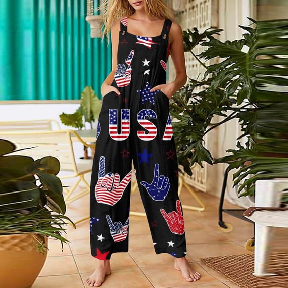 Women's Independence Day Print Cotton Linen Overalls Casual Loose Bib Jumpsuit with Pockets - Black L