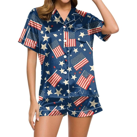 Women's Independence Day Print V Neck Button Pocket Short Sleeve Shorts Pajama Set